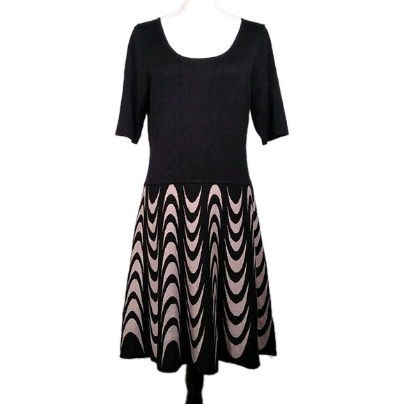 DANNY & NICOLE Midi Knee Dress Drop Waist Fit And Flare  Black Tan Geometric  L - Picture 1 of 8